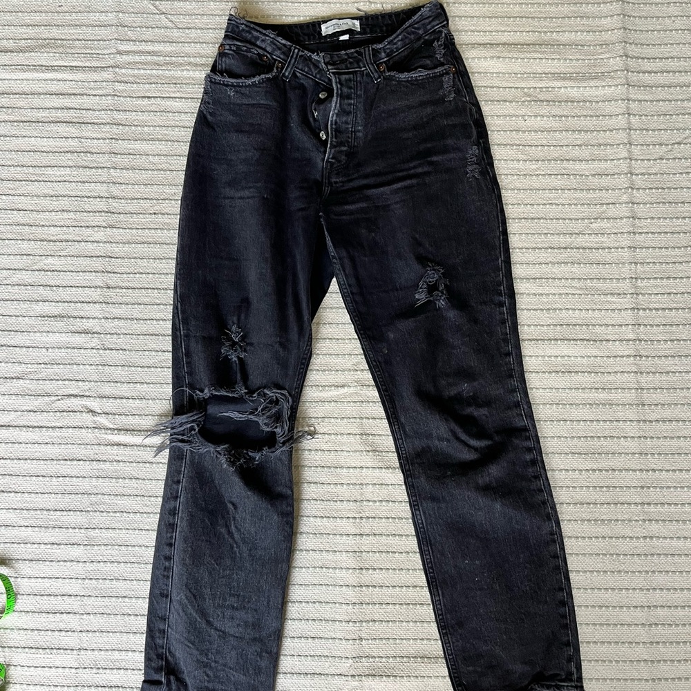 A&F Curve Love Distressed Dad Jeans